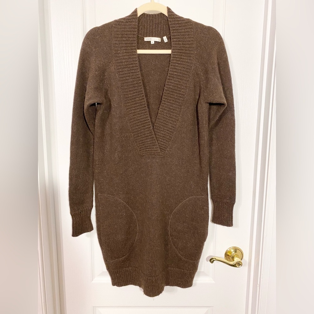 Vince CASHMERE Blend V Neck Tunic Sweater Pockets Brown Size Medium